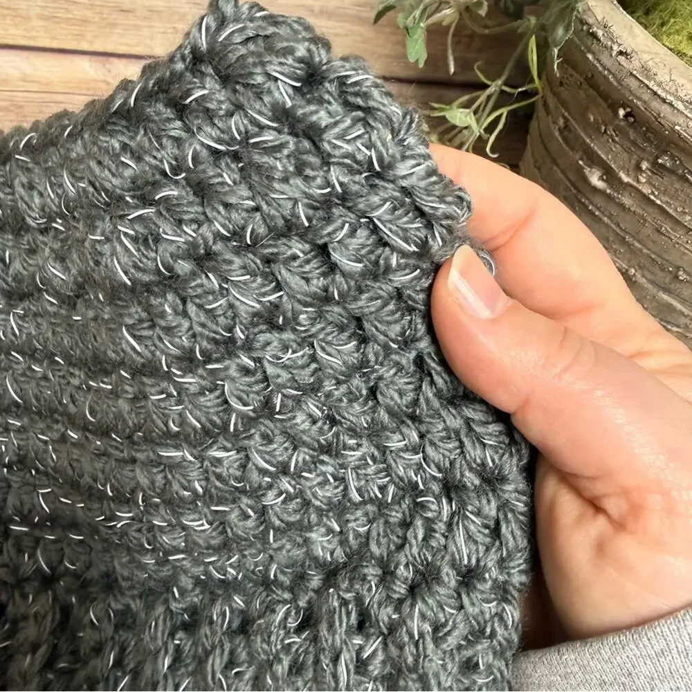 Chunky Gray Knit Messy Bun Beanie, Reflective threading.